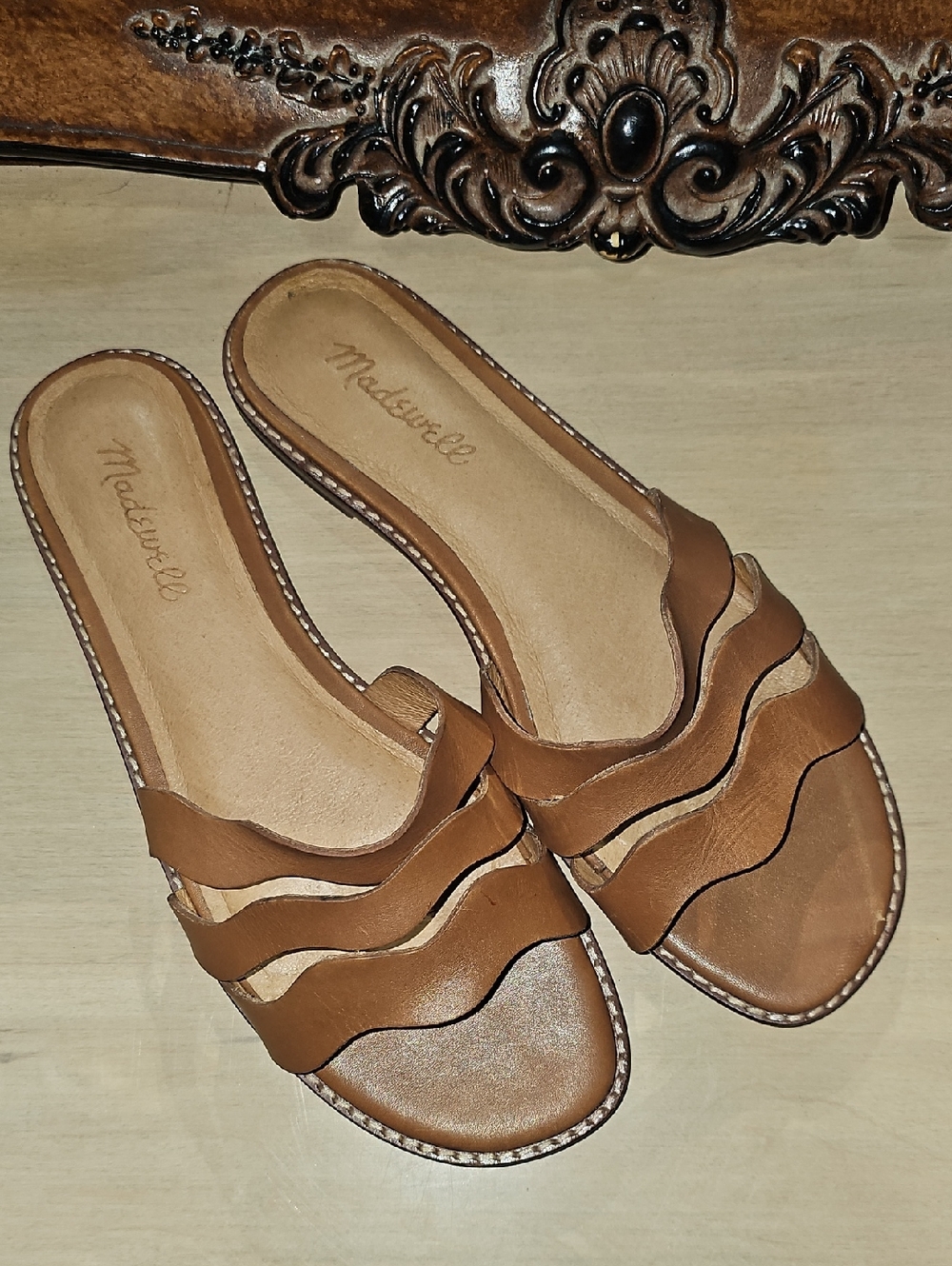 Madewell Brown Leather Wave-Strap Slide Mules